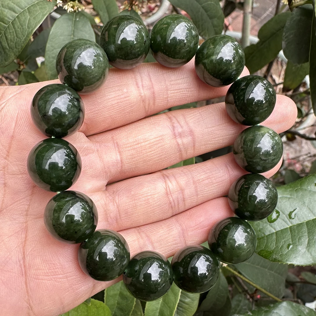 和田玉菠菜绿手串卡16老俄料