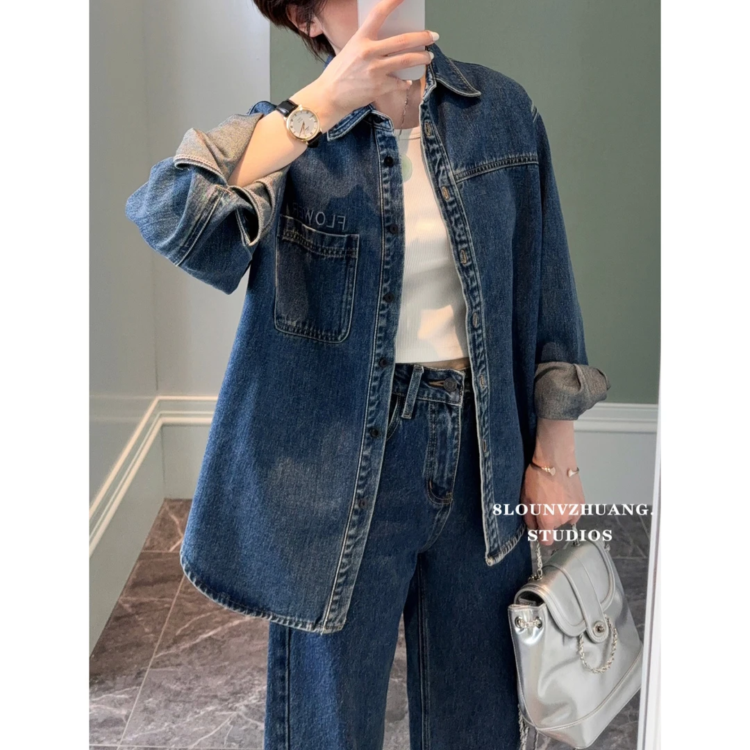 牛仔衬衫花匣子牛仔衣女2025年春季新款两色美式复古宽松长袖3208