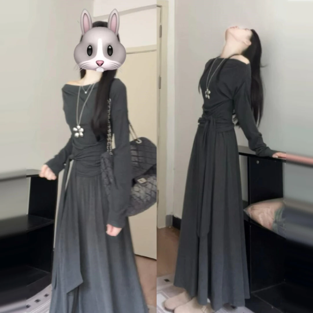 法式高级感灰色长袖连衣裙子女秋冬2026新款韩系穿搭一整套装长裙