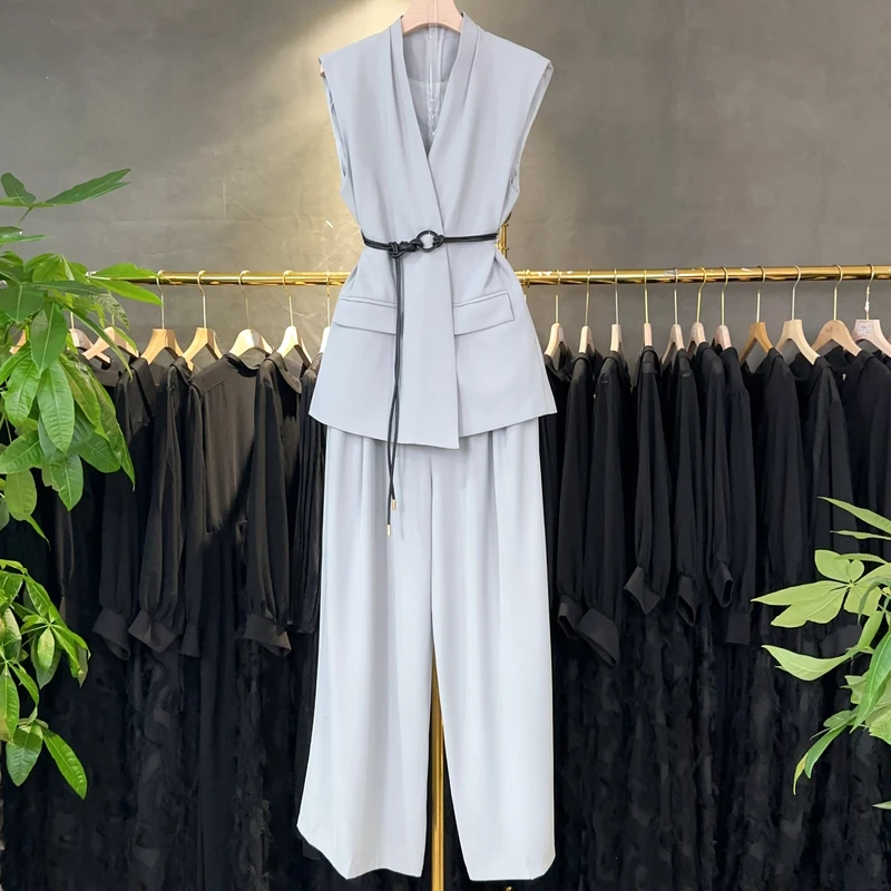 X3009 【破价】韩系御姐V领高级感套装夏季时尚高腰阔腿裤两件套