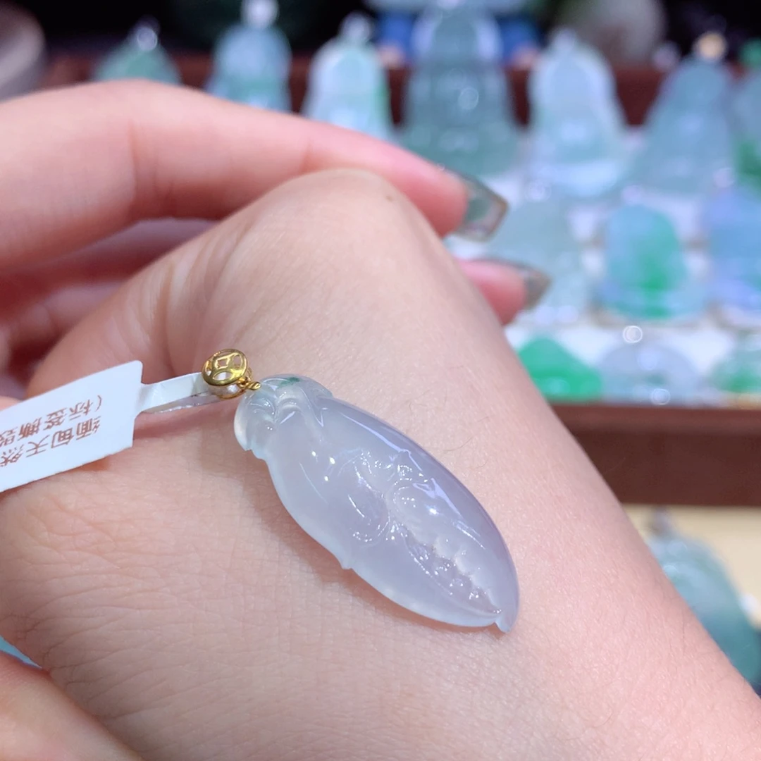 翡翠18K金镶嵌吊坠(不含链)天然缅甸Ａ货翡翠揭阳工蟹钳