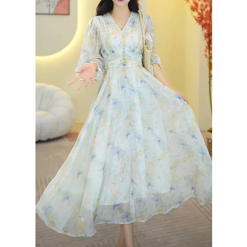 L510高端收腰甜美长款显瘦温柔轻奢连衣裙夏新款女装碎花高级裙子