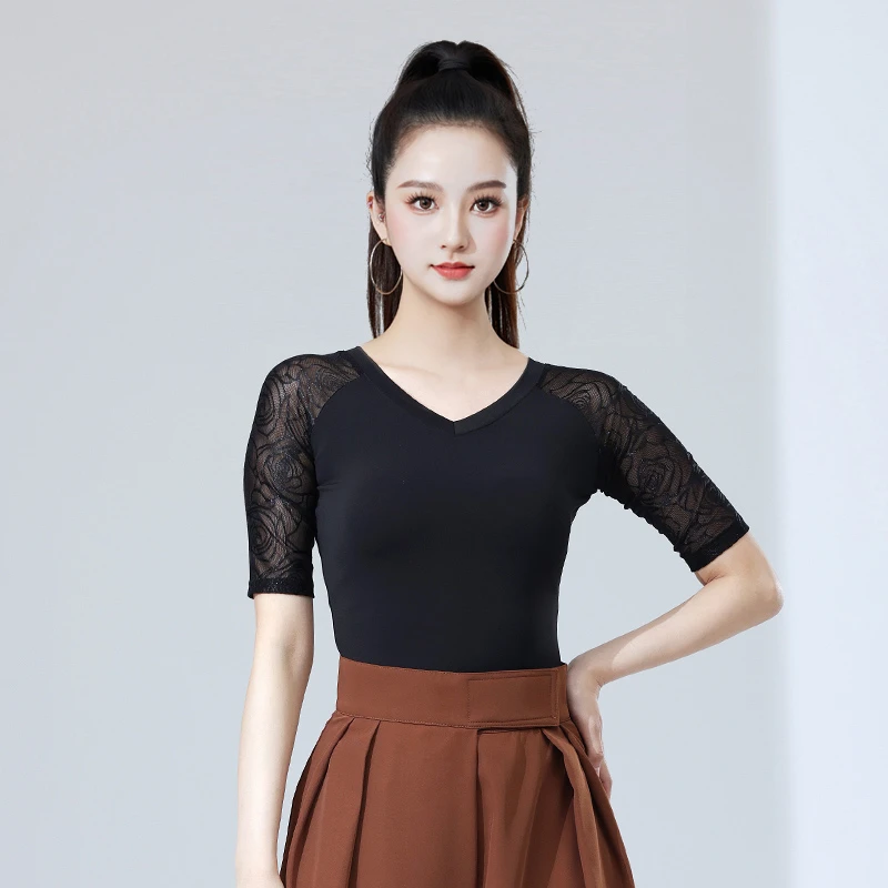 拉丁舞上衣女成人拼接插肩袖修身摩登舞上衣交谊舞服薄款镂空V领