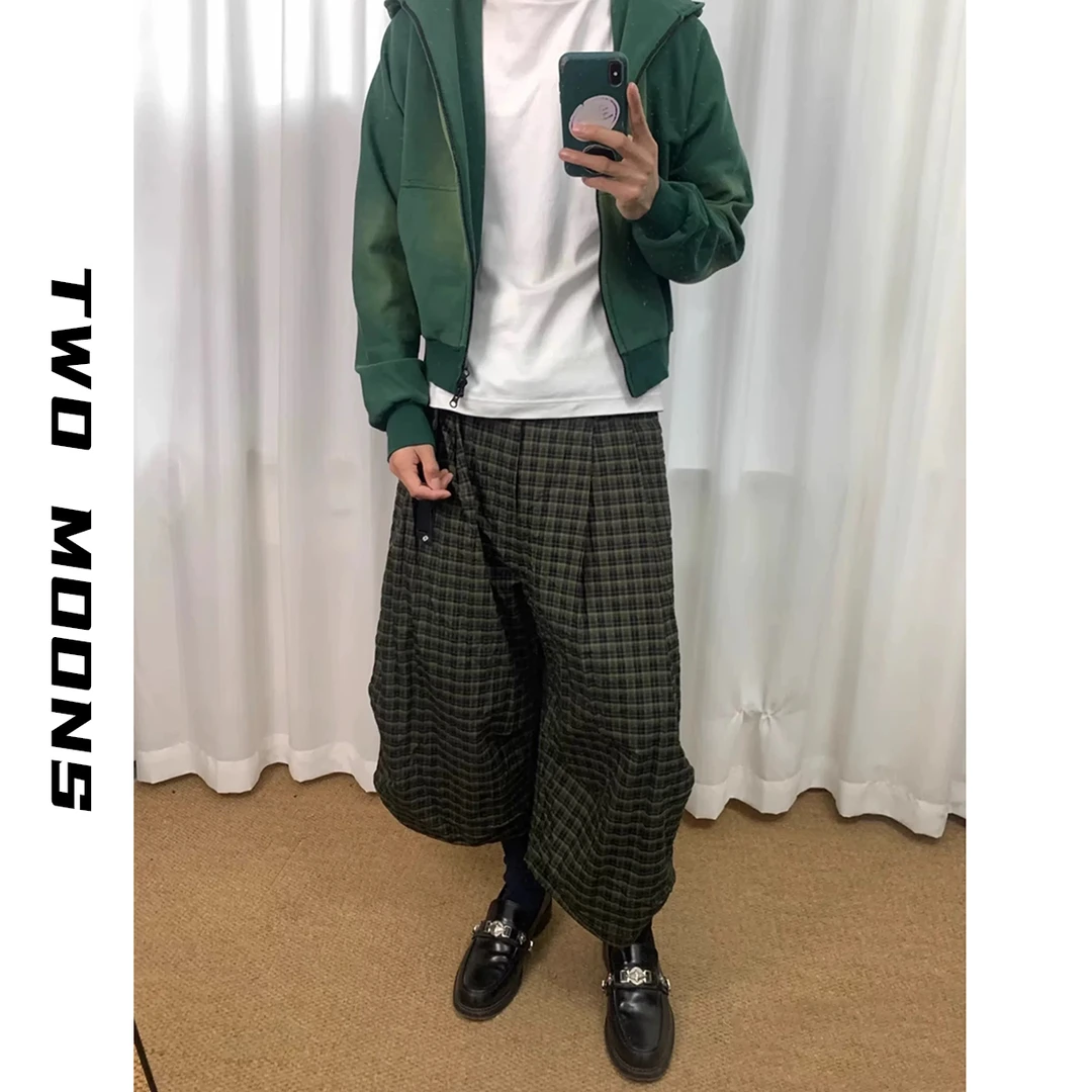 TWOMOONS两个月亮夏季新品肌理感格纹抽绳泡泡格八分裤男女短裤男