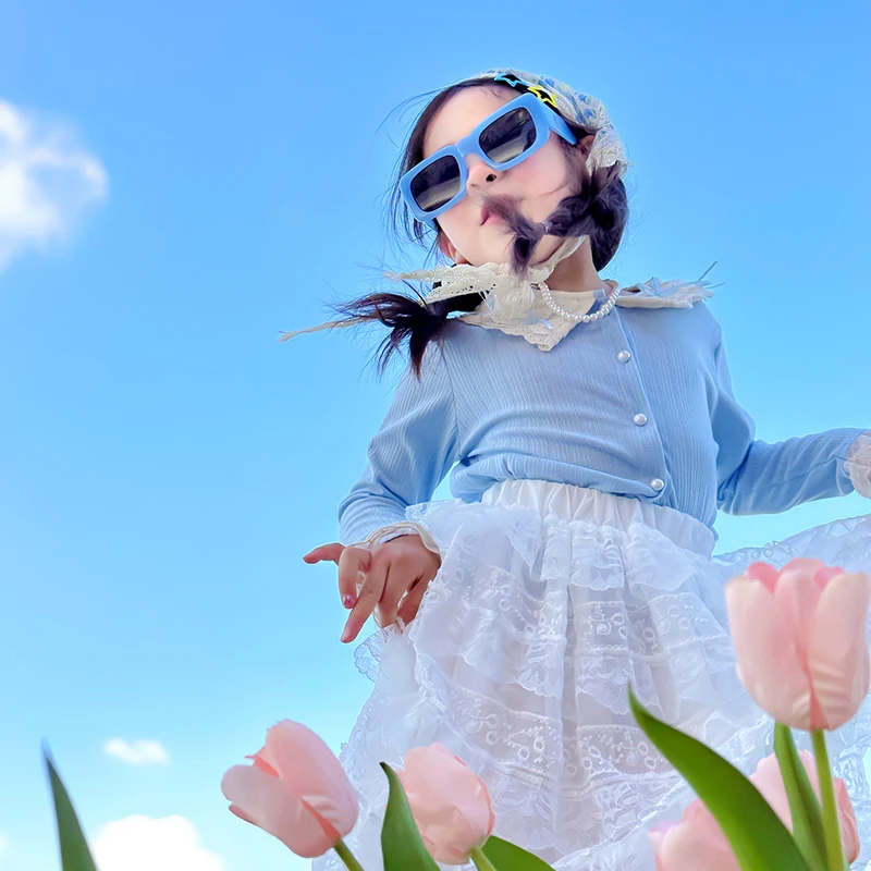 女童套装2025新款女孩春秋韩系蕾丝花边开衫儿童时髦蛋糕裙两件套