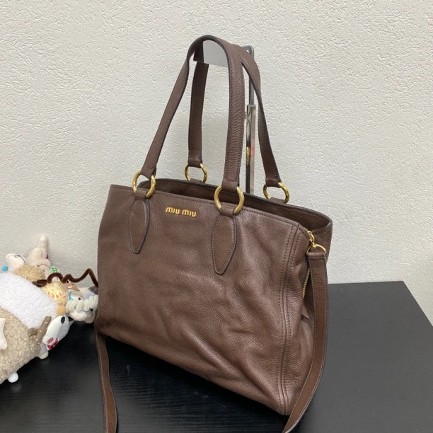 95新 MIU MIU/缪缪 棕金荔枝纹全皮托特单肩斜挎包底长34 124242