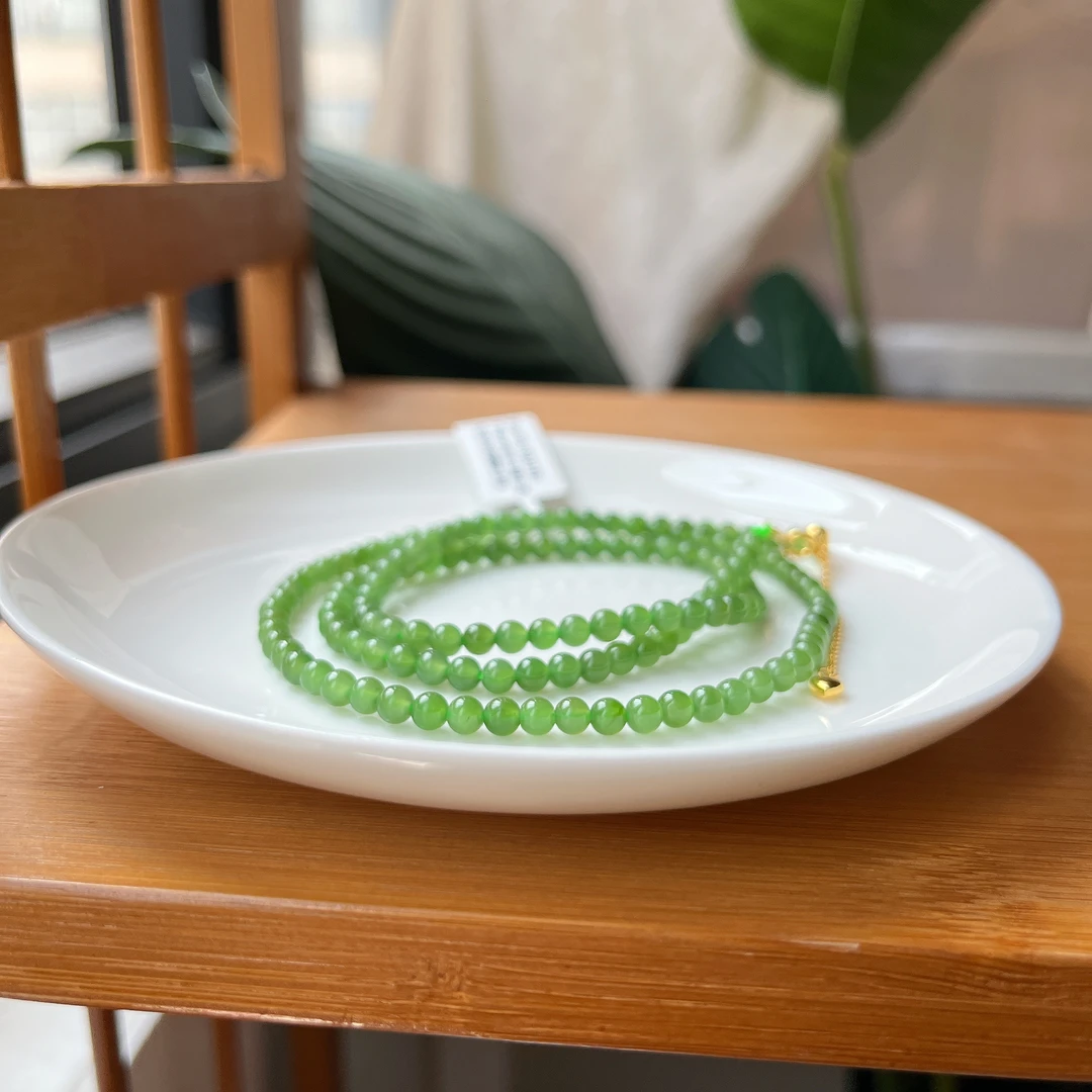 【郭老师】约4mm冰阳绿碧玉和田玉圆珠S925银扣头项链约58+5cm