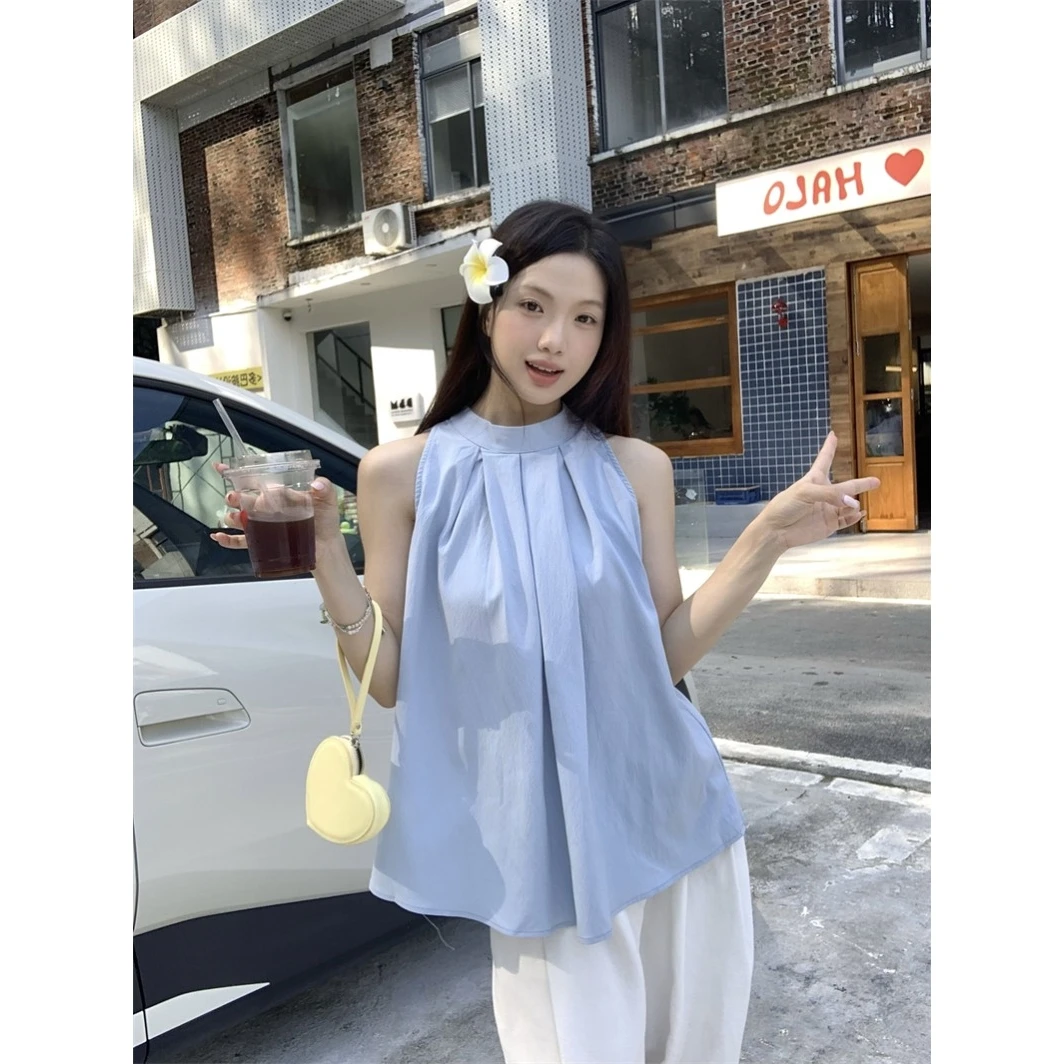 韩系蓝色无袖背心衬衫女夏季2025新款甜美chic宽松设计感百搭上衣