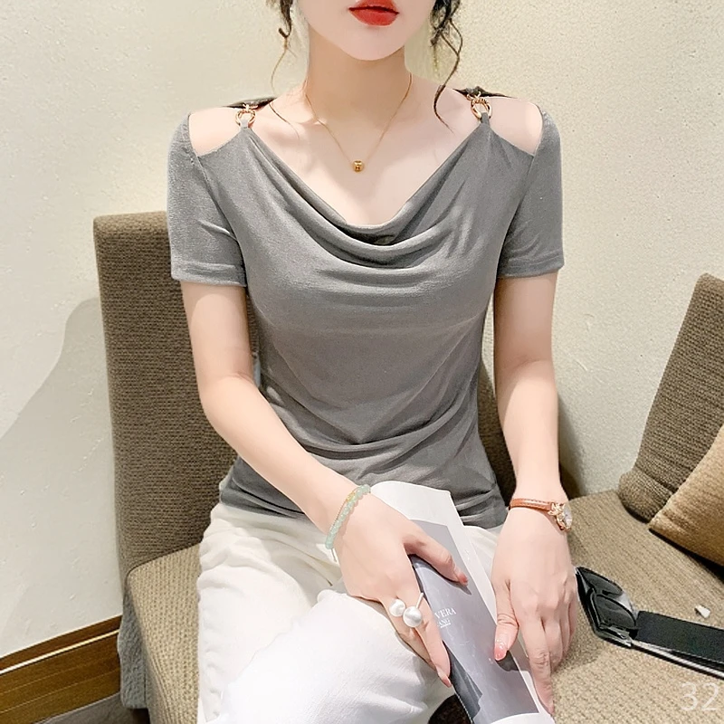 露肩t恤短袖女款爆款2025新款独特漂亮小衫洋气气质潮牌时尚高端