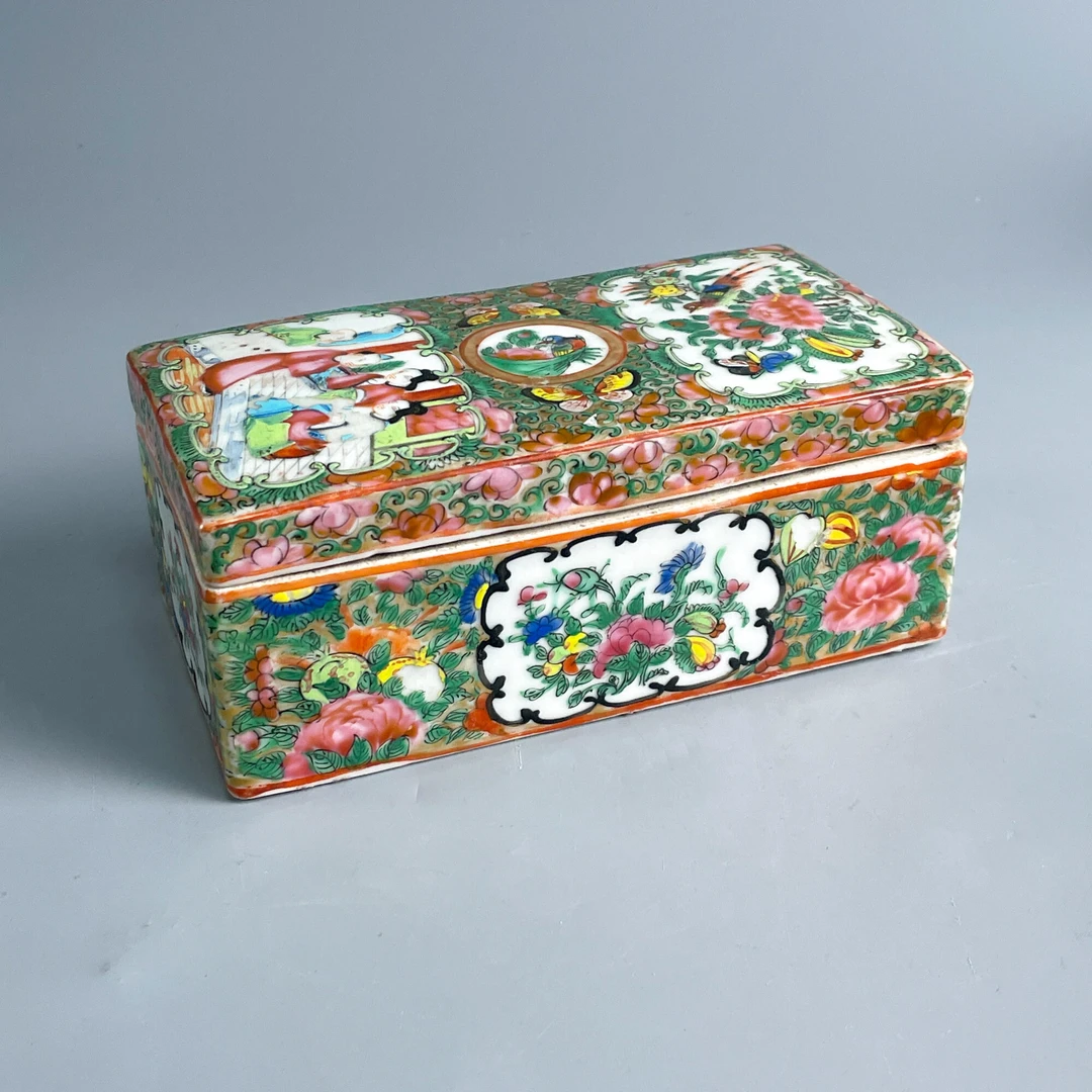 瓷器/古董晚清广彩花鸟人物盖盒M25BS003529古玩收藏/文物/绣花张