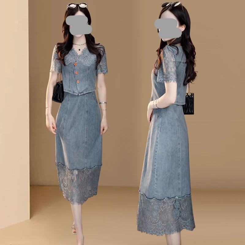 法式度假风蕾丝拼接假两件牛仔连衣裙女夏季洋气复古显瘦中长裙