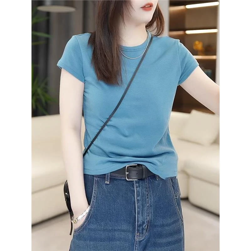 2025夏季新款女士韩版蓝色正肩短袖t恤时尚休闲百搭显瘦圆领上衣