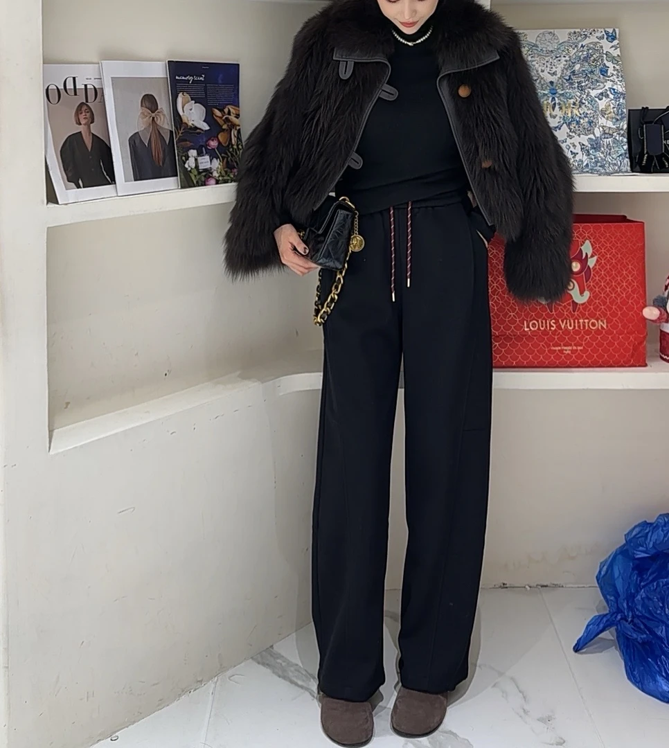 【加绒山茶裤】新款加绒松紧腰抽绳窄版弯刀裤-6031（8902）