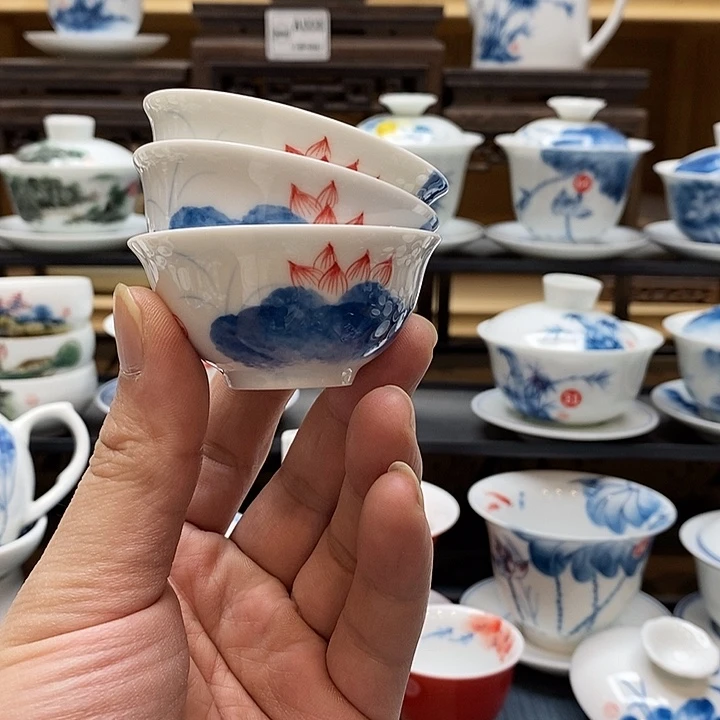 手绘微瑕荷花杯3个装