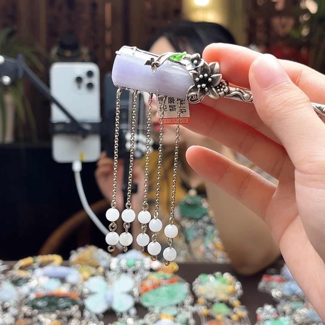 翡翠银S925镶嵌发簪发簪