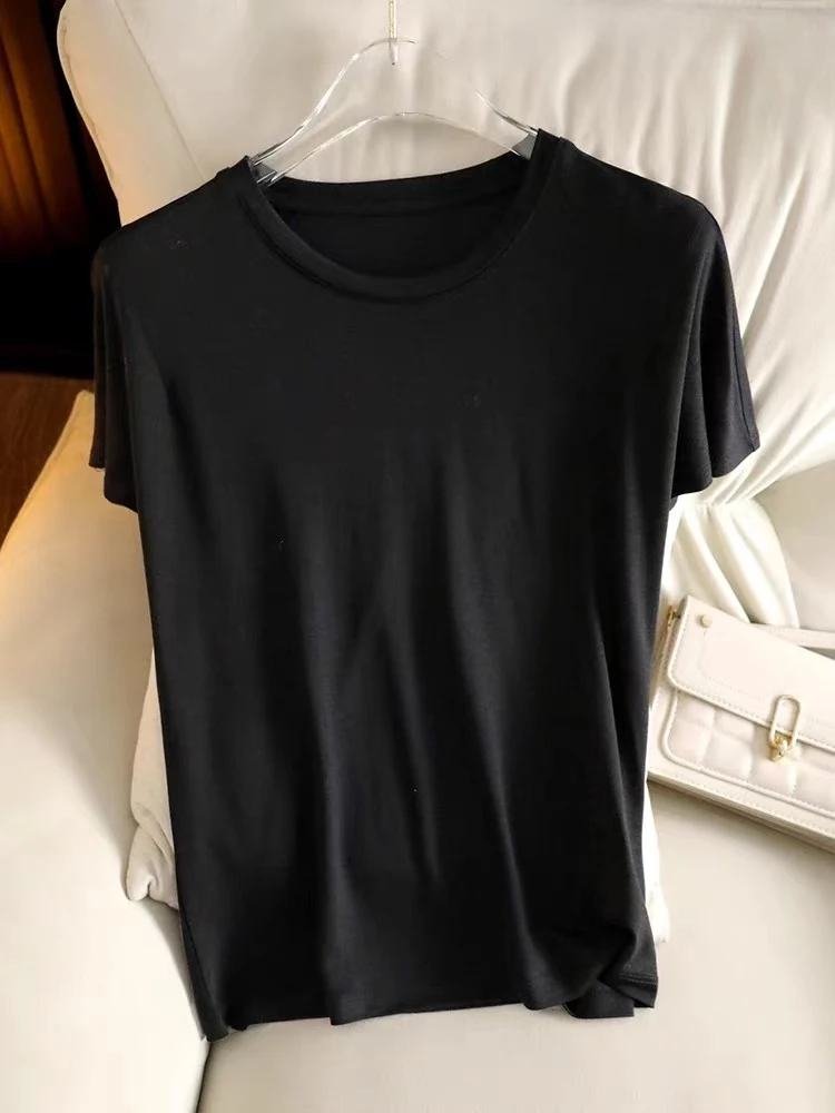 NN1202-时尚女装设计感T恤高腰短款小个子显瘦圆领纯色黑色