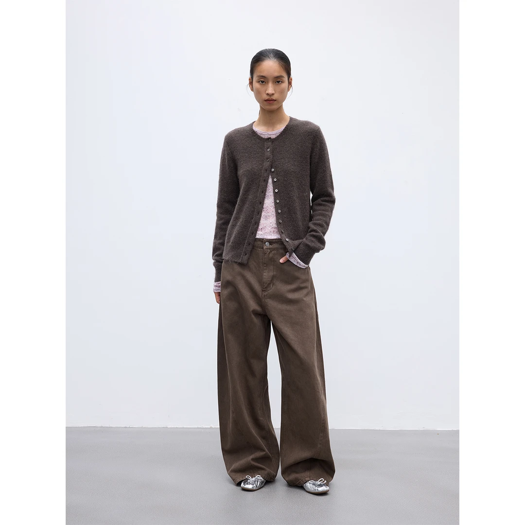 RandomPiece【达人】25秋进口羊驼羊毛混纺门襟翻折针织开衫外套