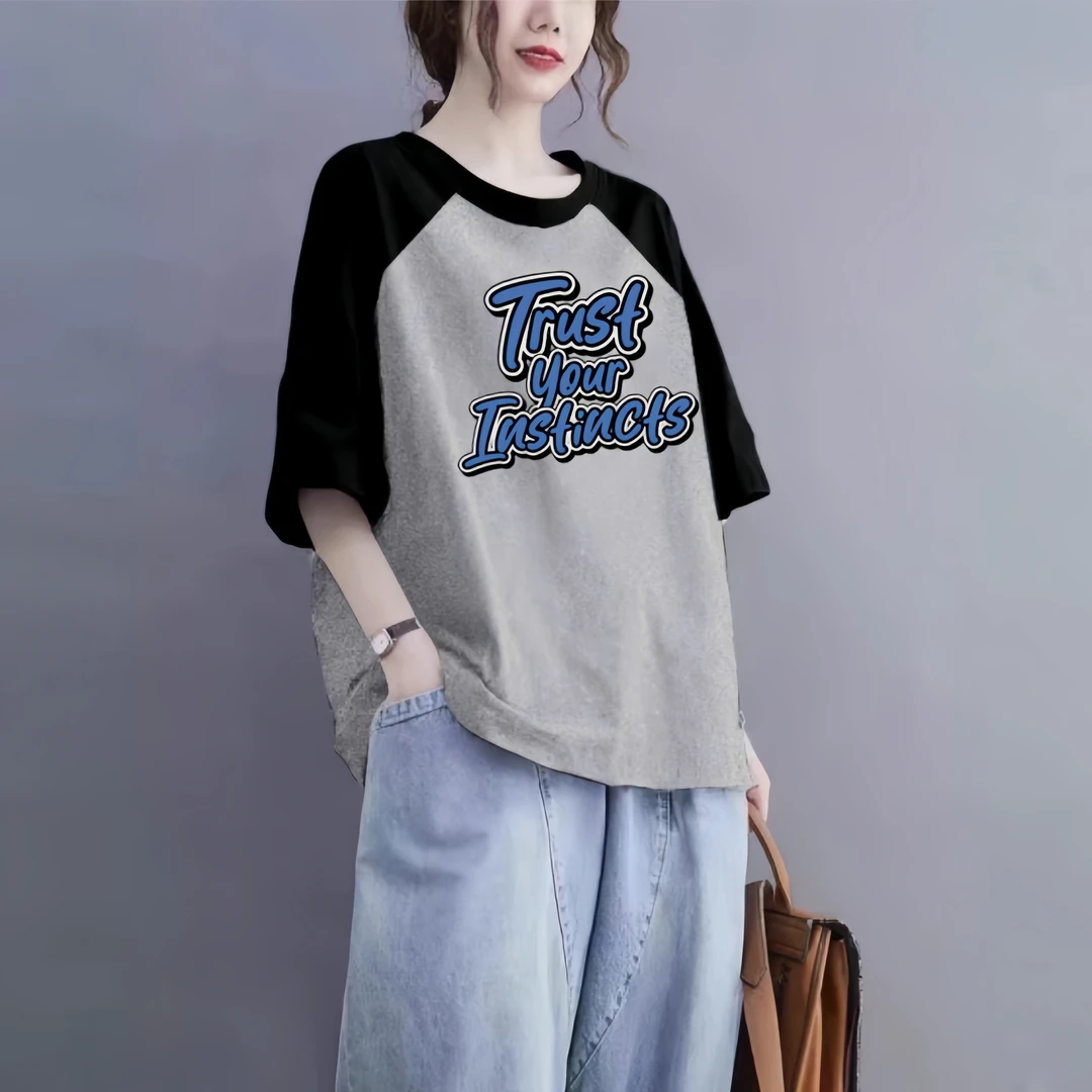 时尚潮牌100%纯棉插肩短袖t恤女宽松大码女装洋气设计感百搭显瘦