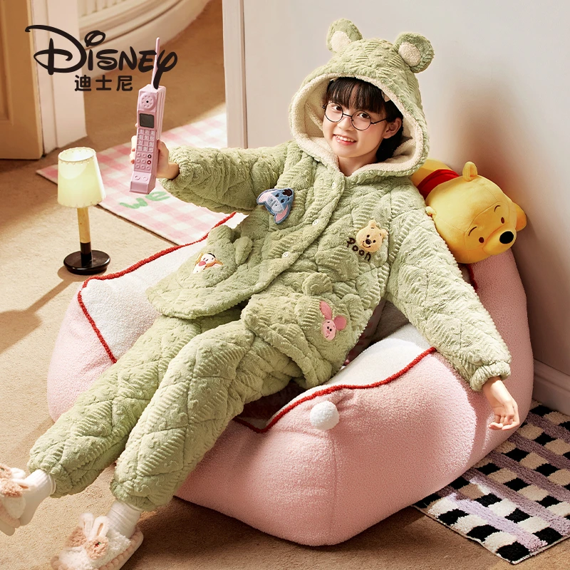 Disney/迪士尼女童睡衣冬季三层夹棉连帽卡通加厚家居服套装2496