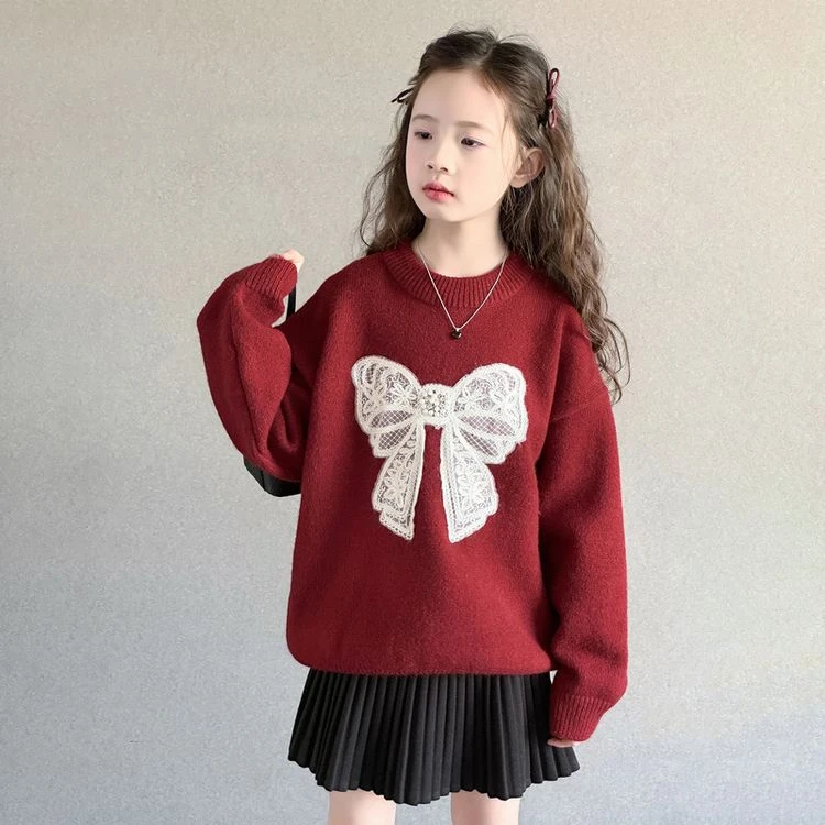 女童过年衣服洋气秋冬2025新款儿童红色毛衣冬季女大童拜年服