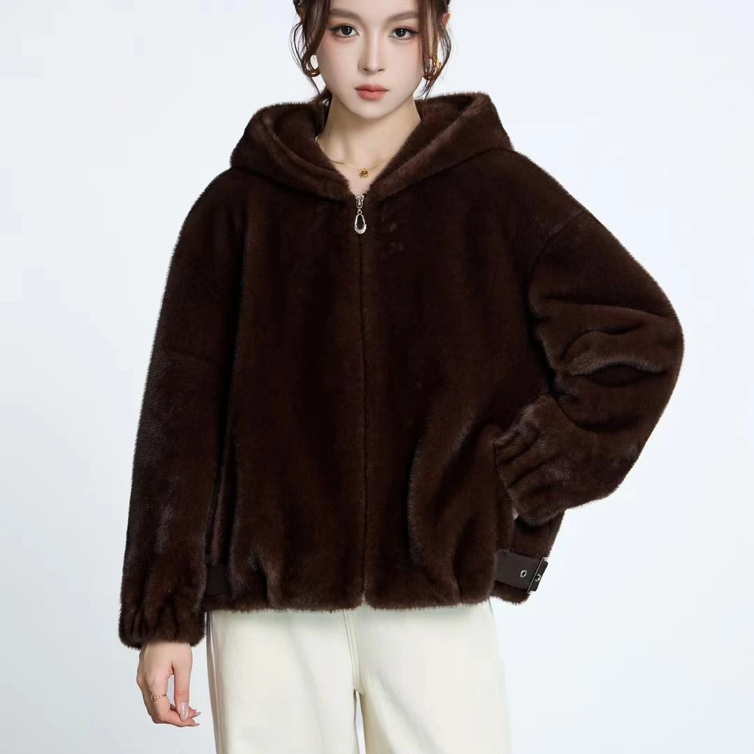 进口北极貂小母貂全抽貂皮大衣女整貂连帽宽松外套开衫拉链款