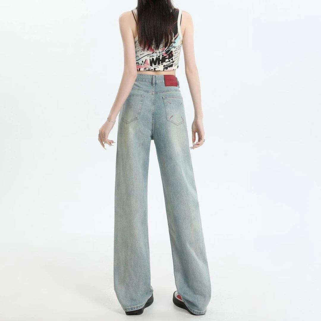 冰川蓝高腰直筒牛仔裤女夏季薄款撞色显瘦刺绣宽松大码阔腿拖地裤