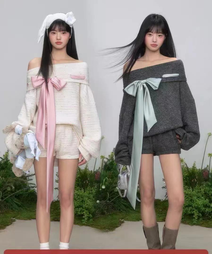 2025秋冬新款纯欲一字肩蝴蝶结丝带弹力针织氛围感上衣两件套装裤