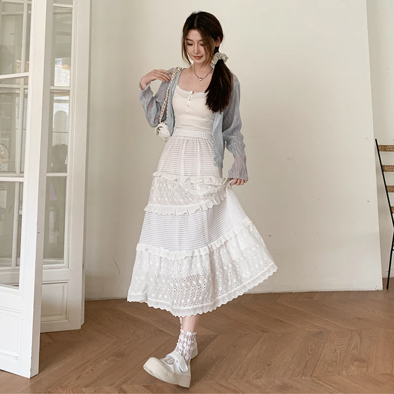 法式蛋糕裙子女2025新款 春季高腰显瘦中长款气质百搭白色半身裙