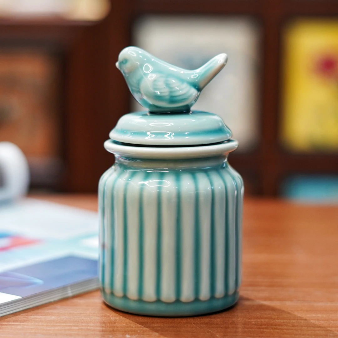 蓝色陶瓷小鸟收纳罐家用糖果罐储存罐储物罐家居摆件