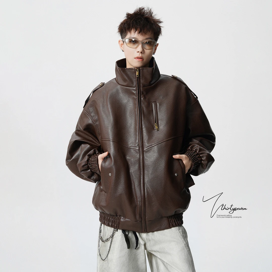 V37美式高街荔枝纹咖色皮衣男秋季立领休闲夹克宽松通勤机车外套