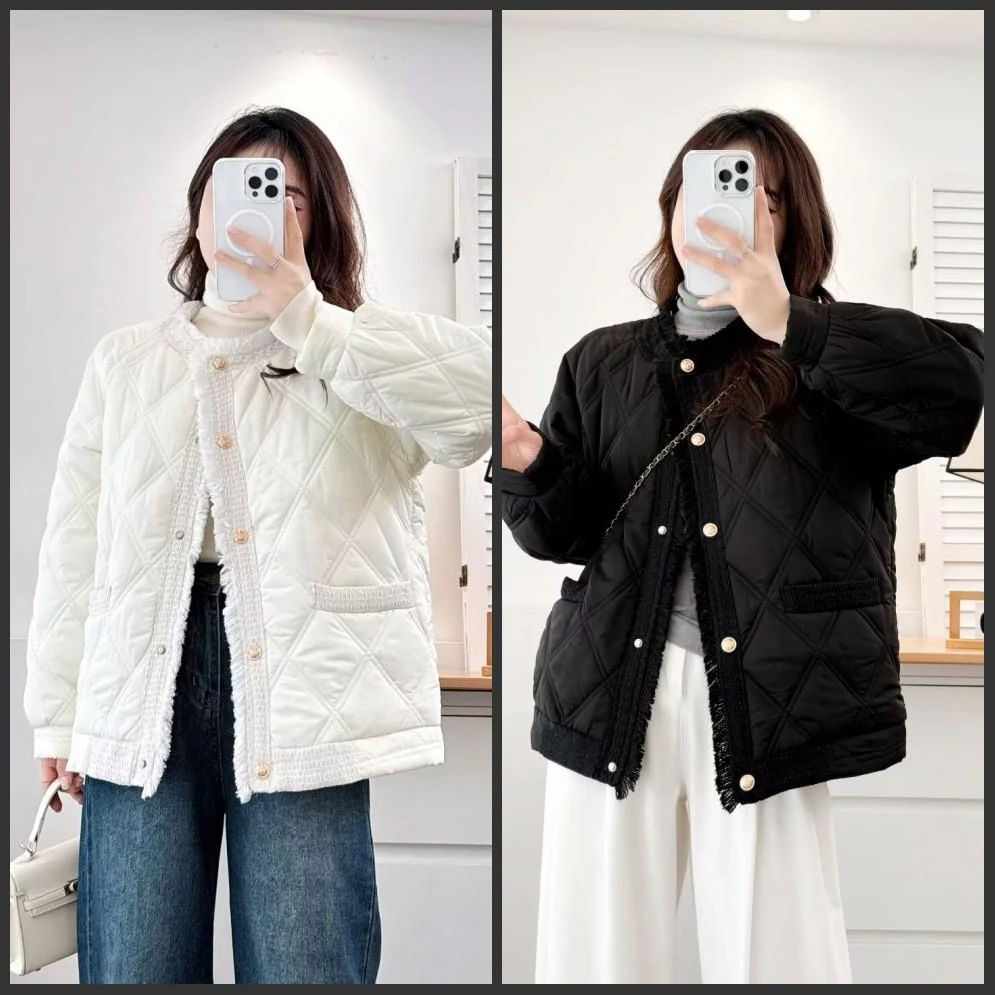 110-200斤大码女装胖mm冬装淑女别致菱格圆领小香风棉衣棉服外套