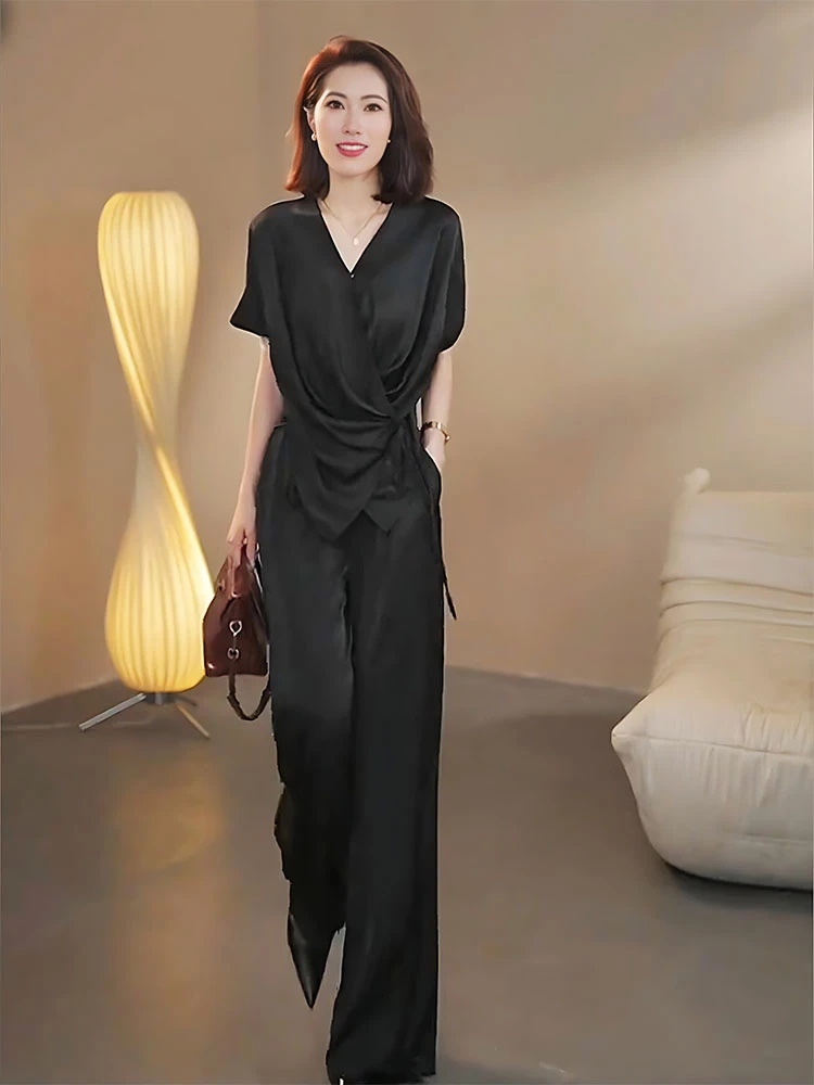 大码女装欧货仿醋酸缎面气质绑带v领上衣套装胖mm夏阔腿裤两件套