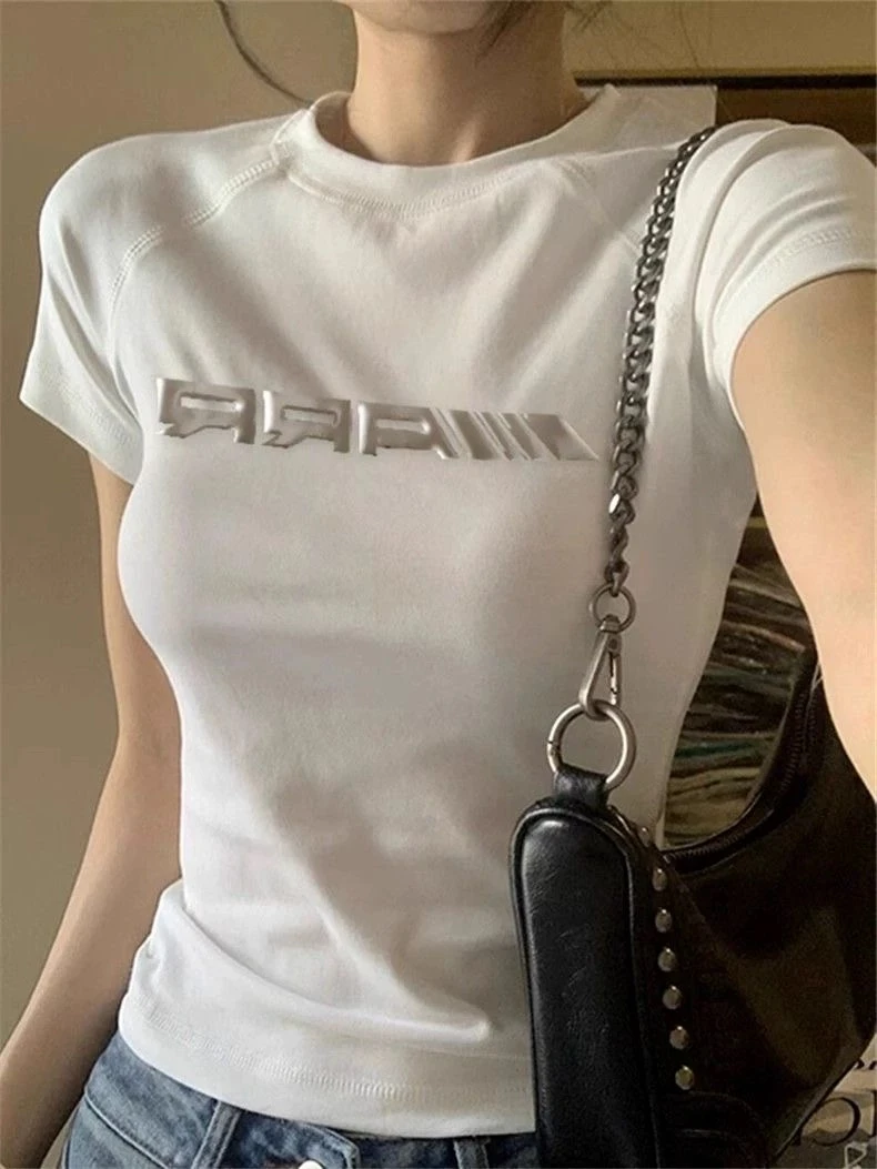 美式辣妹液态金属印花短袖t恤女夏