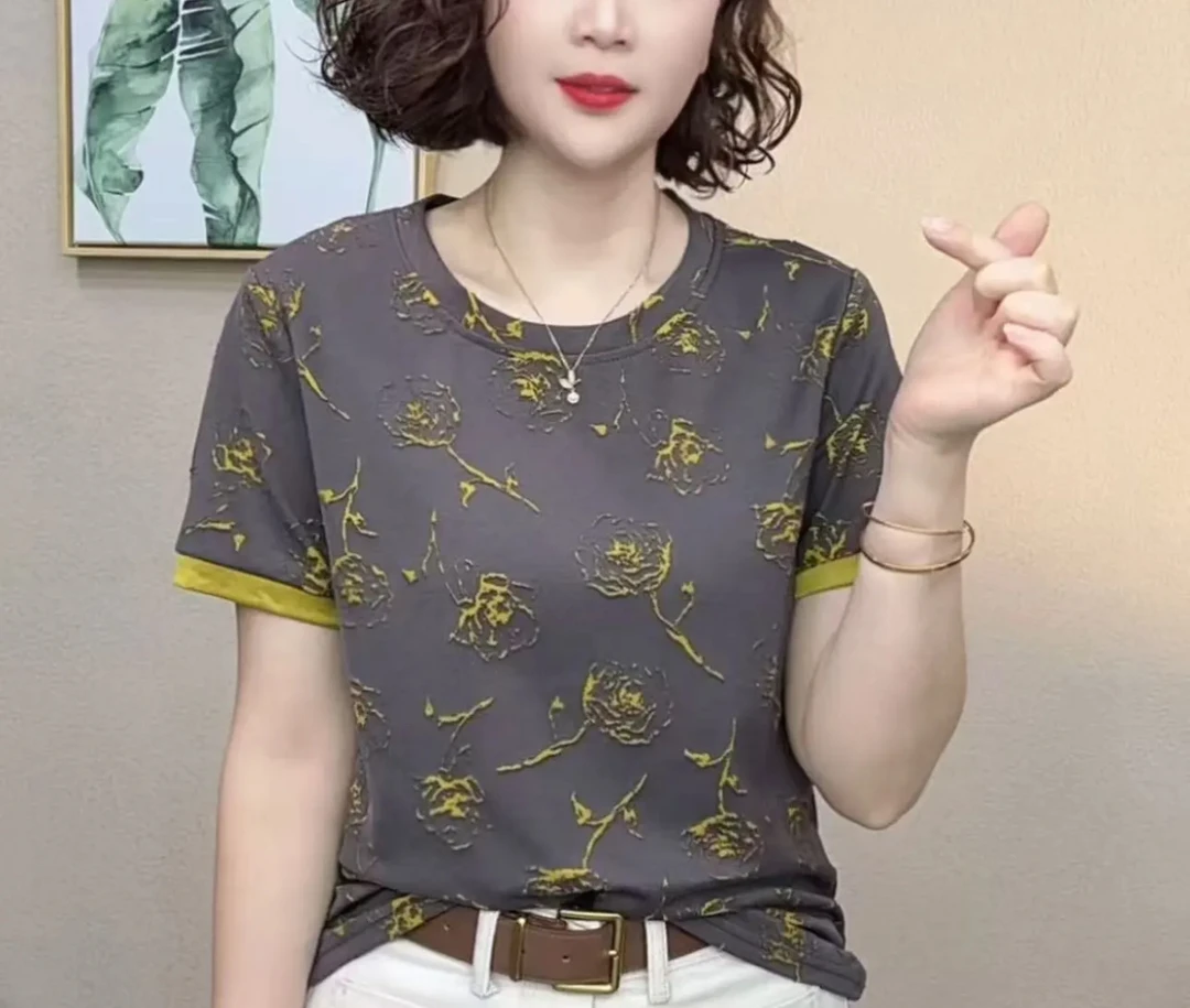 2025新品时尚洋气百搭圆领减龄显瘦短袖气质女T恤上衣