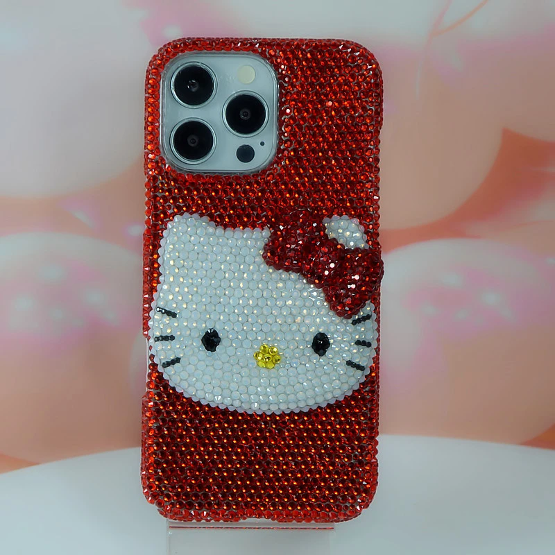 适用网红iPhone13 14 15 16proMax镶钻红色大头猫苹果手机壳水钻