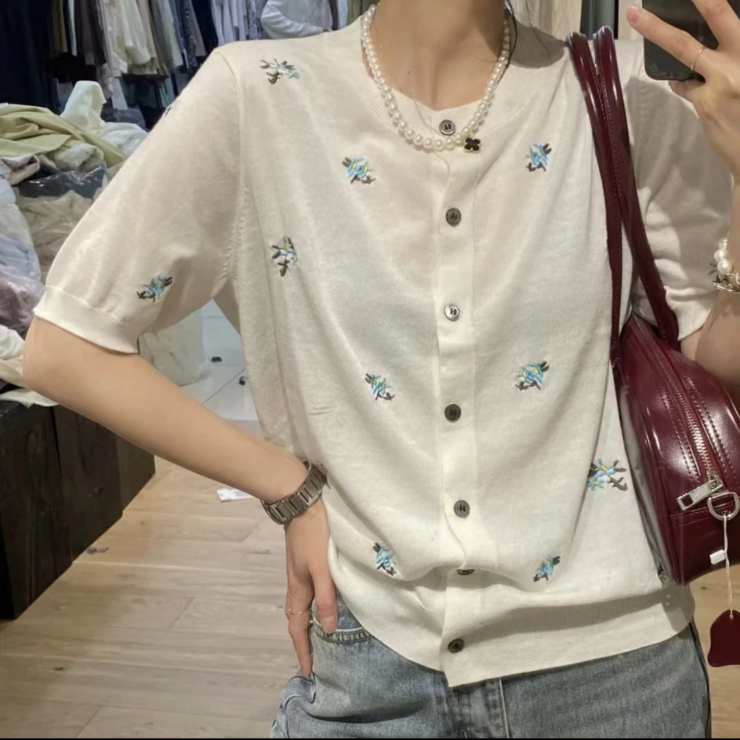 韩系百搭宽松花朵刺绣短袖针织衫薄款上衣 8310