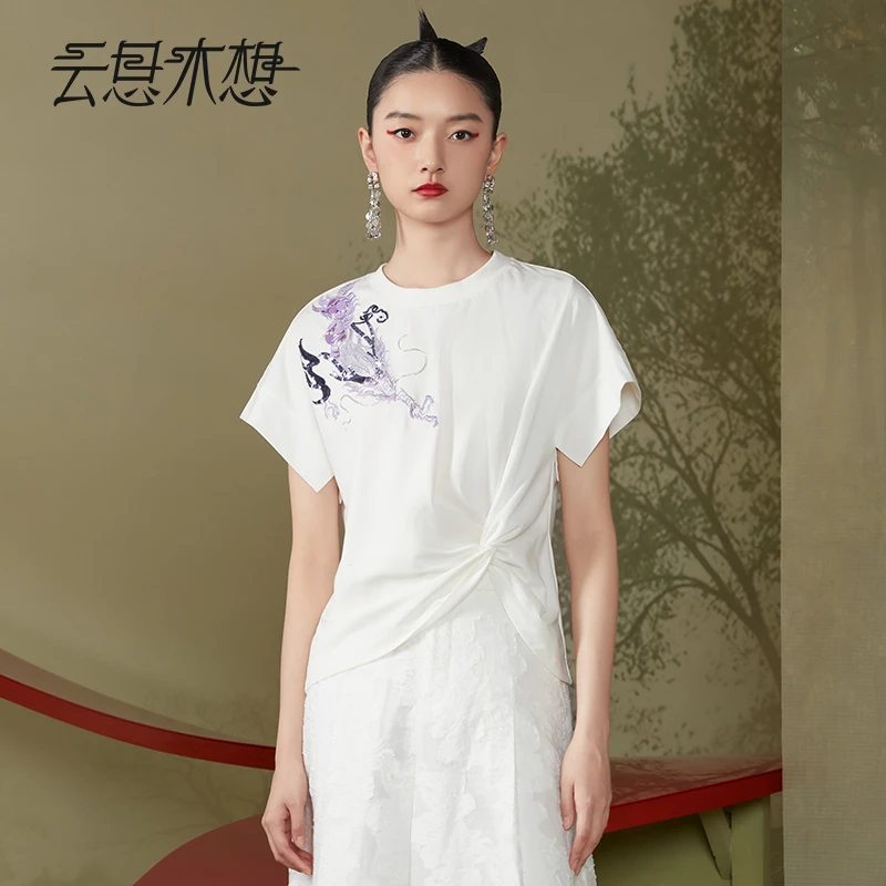Ysimo-X云思木想新中式夏季新款绣花钉珠收褶圆领T恤11843