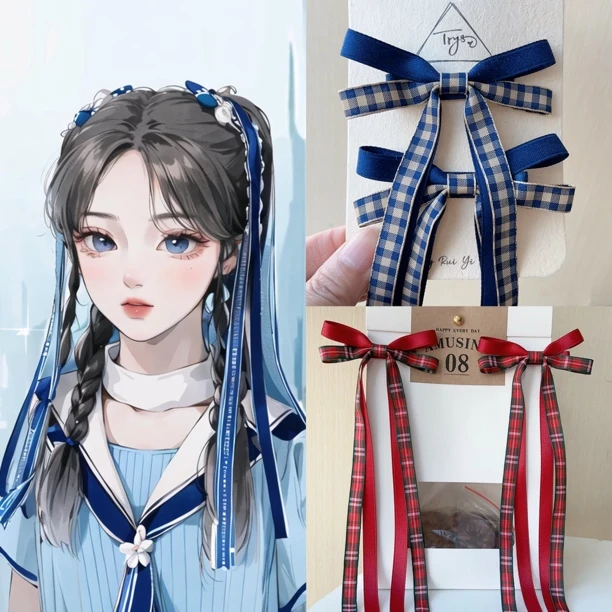 新款学院风长飘带格子对夹编发丝带蝴蝶结发夹双马尾头饰侧边发卡