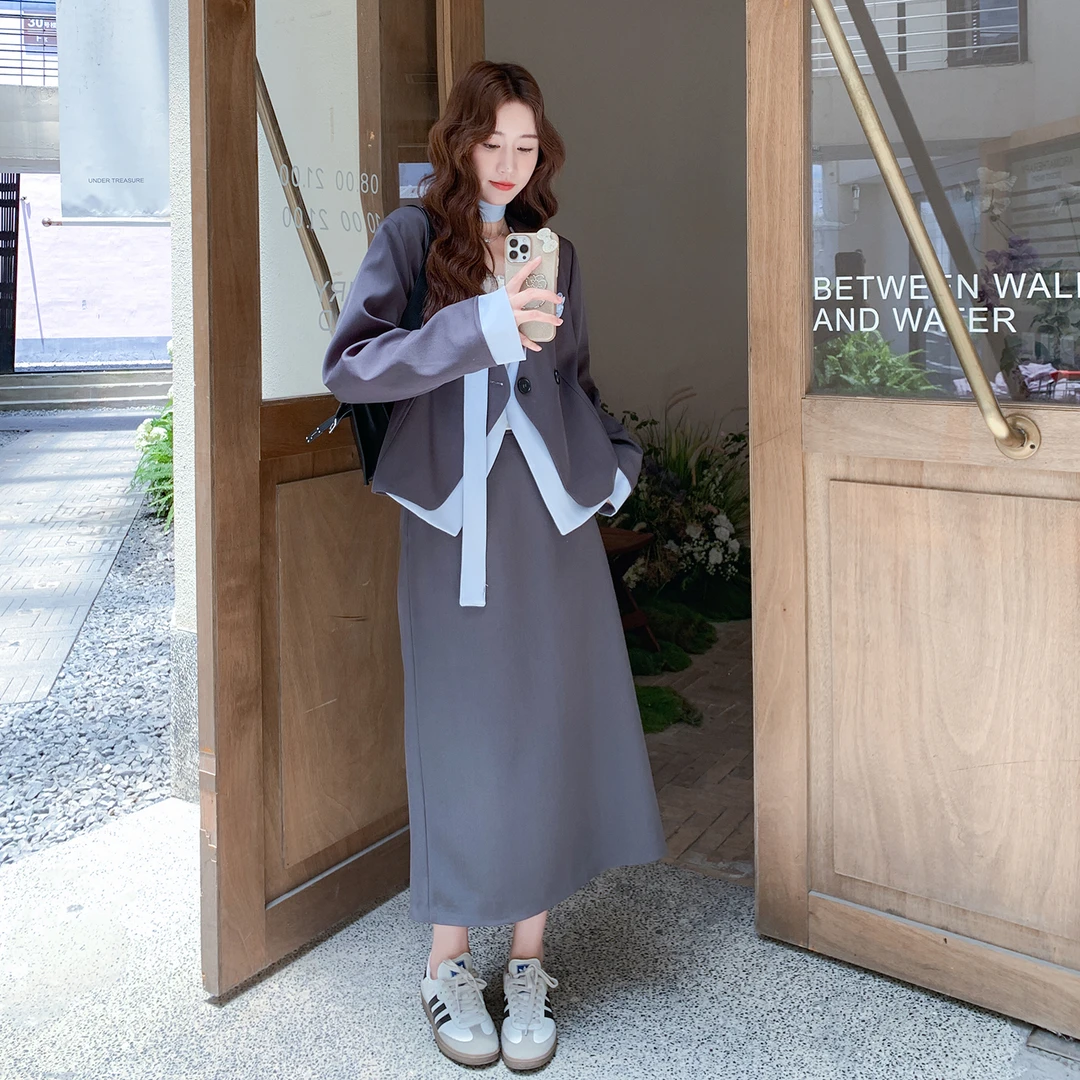 韩系chic别致巨好看套装裙女秋假两件西装外套灰色半身裙两件套