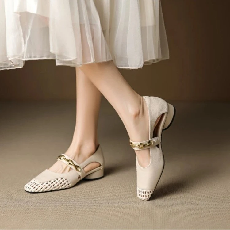 法式镂空凉鞋2025夏季新款女鞋透气时尚编织方头粗跟单鞋