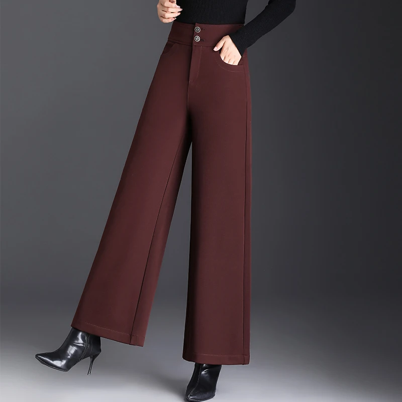 毛呢阔腿裤女秋季高腰宽松休闲妈妈裤子显瘦大脚裤冬季气质西装裤