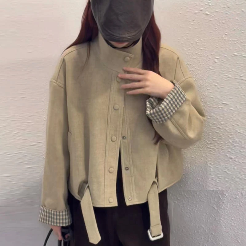 韩系格子拼接毛呢外套女秋冬款高级感气质显瘦百搭立领单排扣上衣