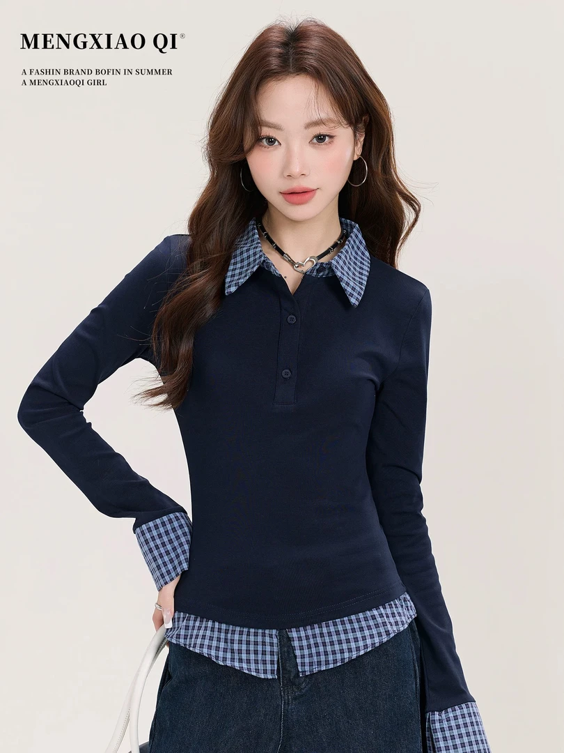 少女风明线装饰纽扣拼接长袖T恤针织假两件翻领休闲