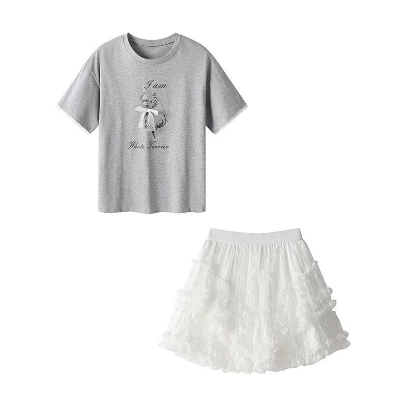 夏季穿搭一整套女新款设计感短袖T恤甜美百搭蓬蓬短裙两件套2259