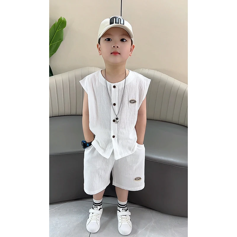 男童夏装套装2025新款儿童薄款无袖背心开衫五分裤潮酷两件套