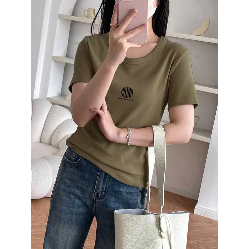 小众设计感螺纹正肩短袖t恤女时尚洋气修身上衣打底衫2025春夏季