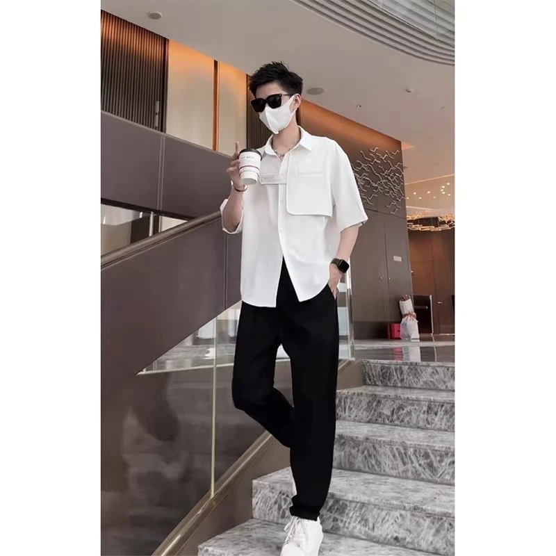 2025新款短袖衬衫男夏季潮流上衣高级感假二件痞帅白色五分袖衬衣
