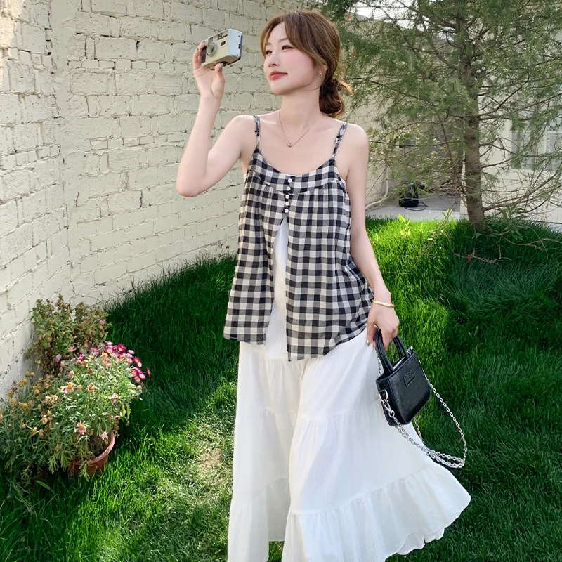 假两件格子拼接吊带连衣裙女夏2025新款小个子文艺复古叠穿连衣裙