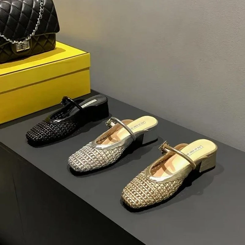 2025夏季新款气质简约休闲编织镂空透气包头半拖鞋女外穿凉拖鞋