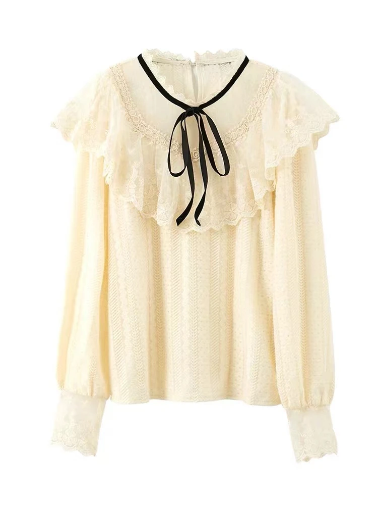 【2眼霜类】}衬衣雪纺衫蕾丝秋季拼接荷叶领法式娃娃领荷叶边